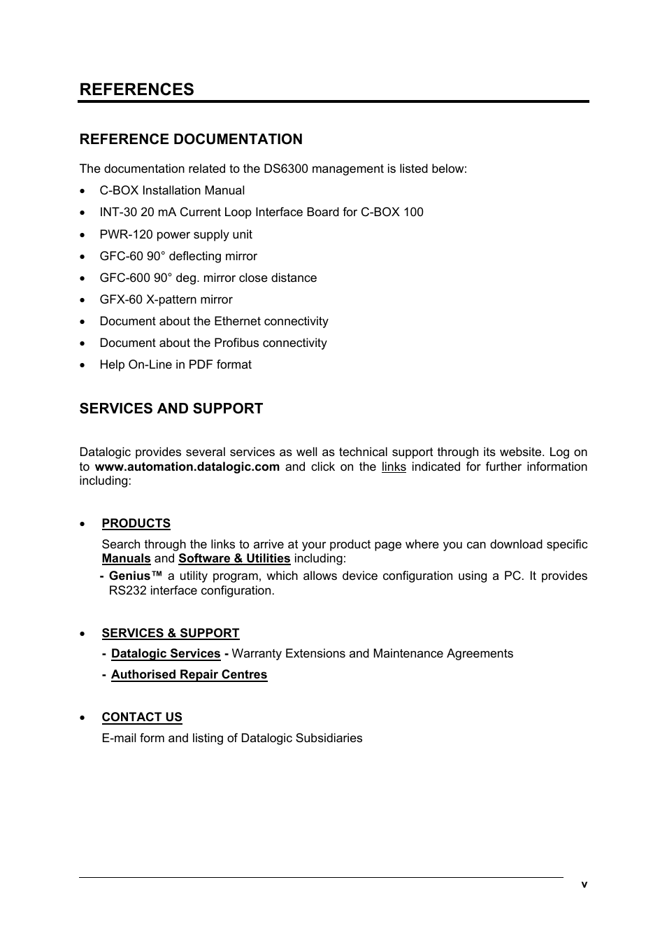 References, Reference documentation, Services and support | Datalogic Scanning DS6300 User Manual | Page 5 / 105