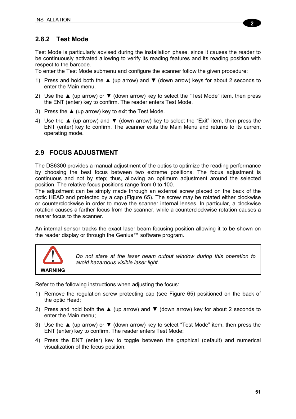 Test mode, Focus adjustment | Datalogic Scanning DS6300 User Manual | Page 65 / 105