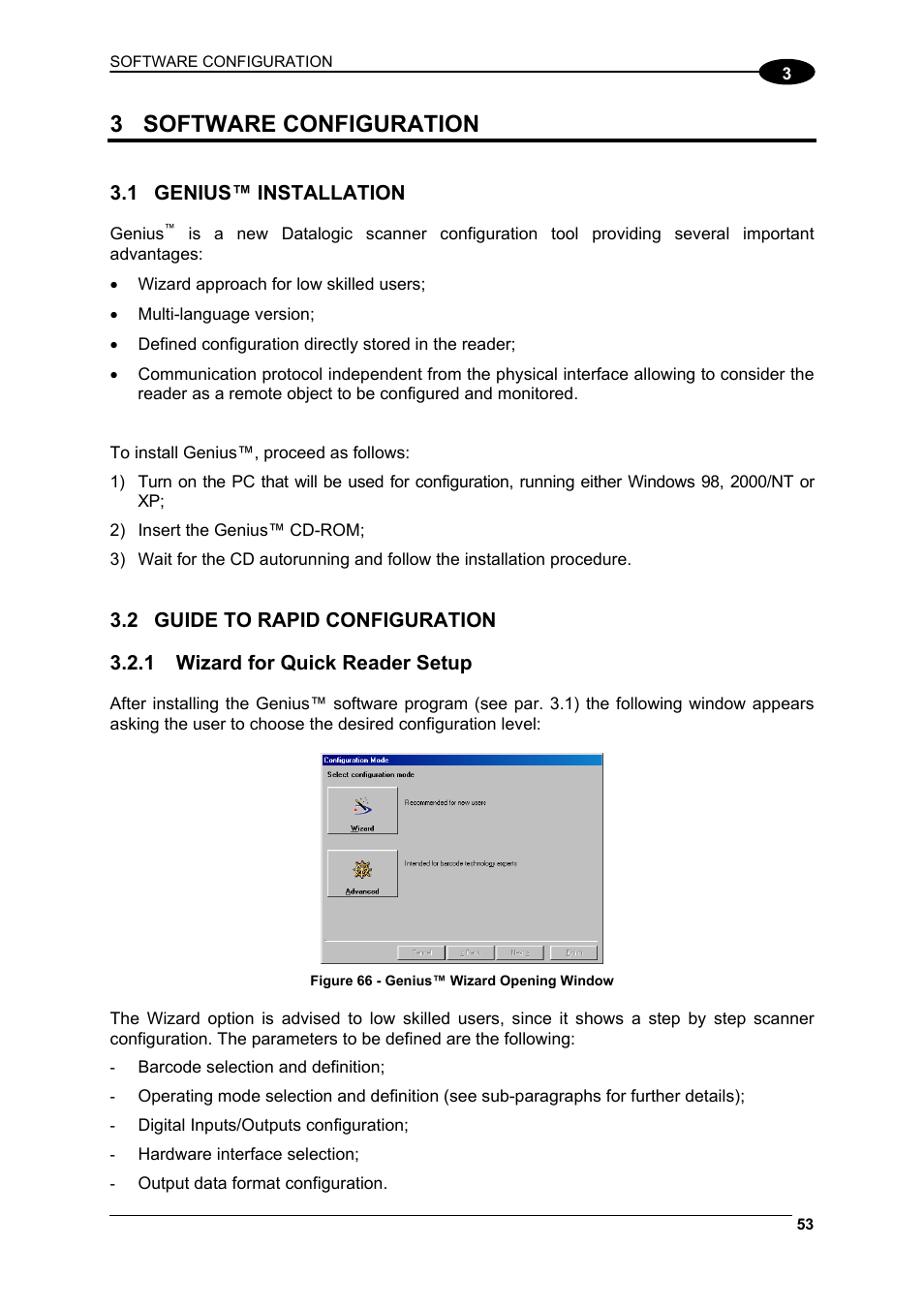 Software configuration, Genius™ installation, Guide to rapid configuration | Wizard for quick reader setup, 3 software configuration | Datalogic Scanning DS6300 User Manual | Page 67 / 105