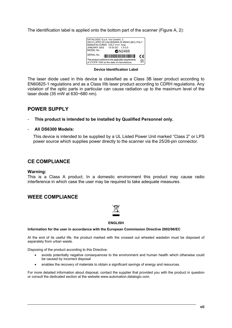 Power supply, Ce compliance, Weee compliance | Datalogic Scanning DS6300 User Manual | Page 7 / 105