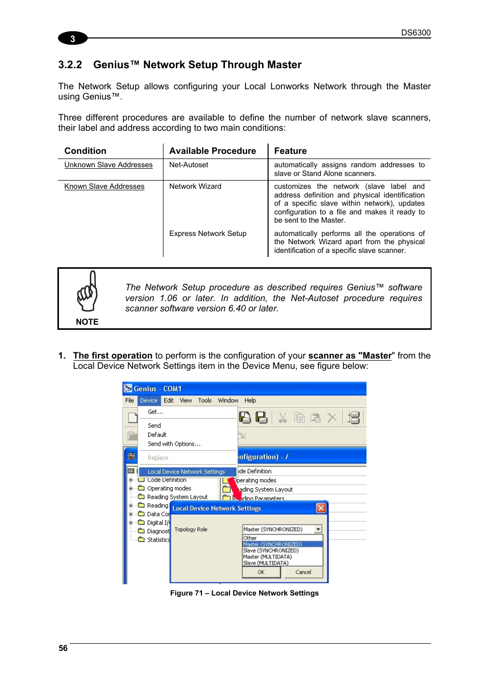 Genius™ network setup through master, In par. 3.2.2, Par. 3.2.2 and locally d | 2 genius™ network setup through master | Datalogic Scanning DS6300 User Manual | Page 70 / 105