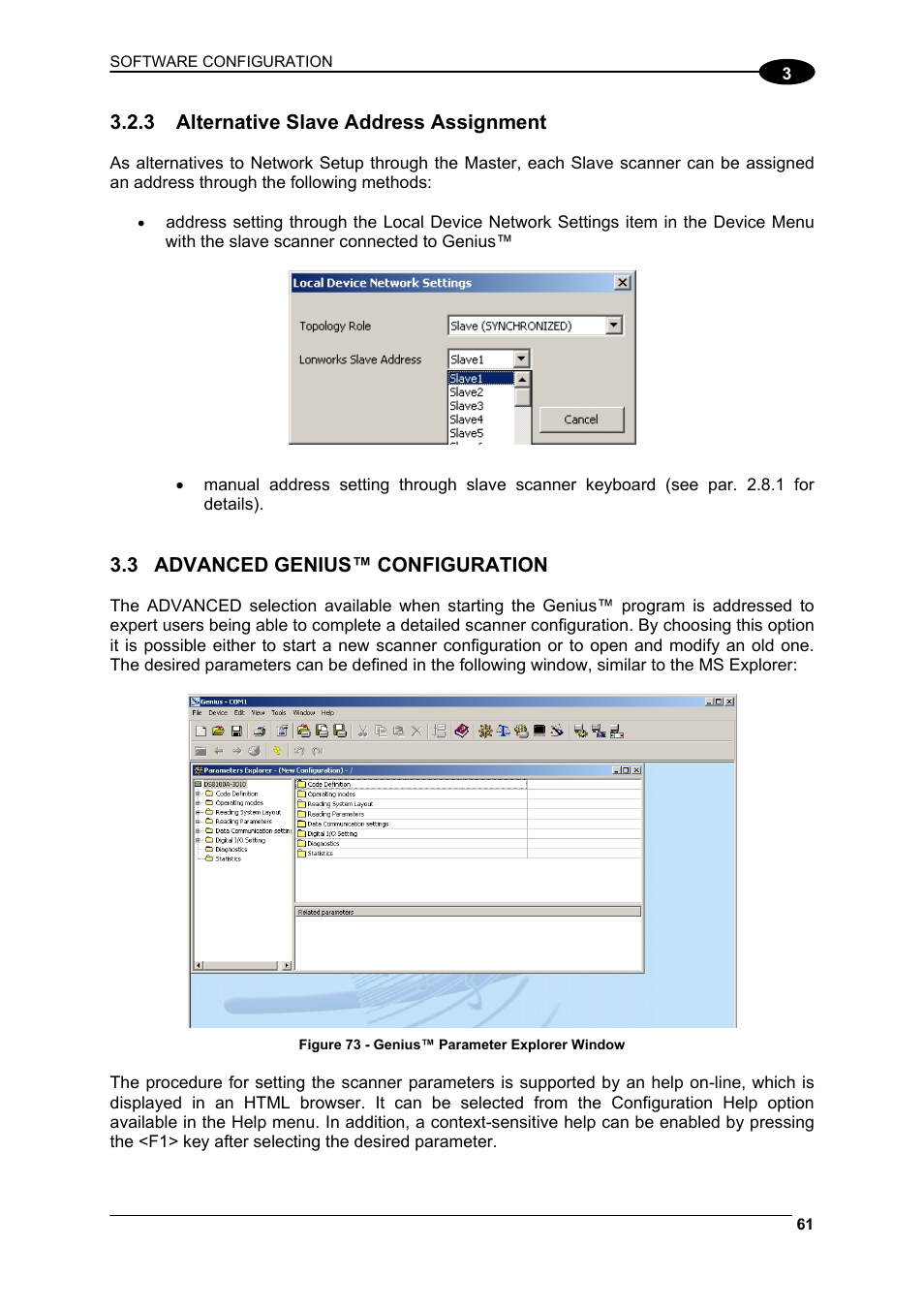 Alternative slave address assignment, Advanced genius™ configuration, Par. 3.2.3 | Datalogic Scanning DS6300 User Manual | Page 75 / 105