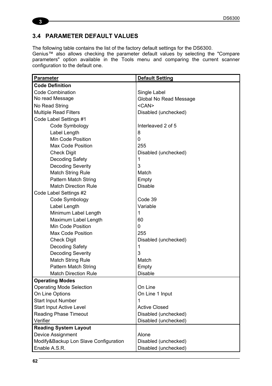 Parameter default values | Datalogic Scanning DS6300 User Manual | Page 76 / 105
