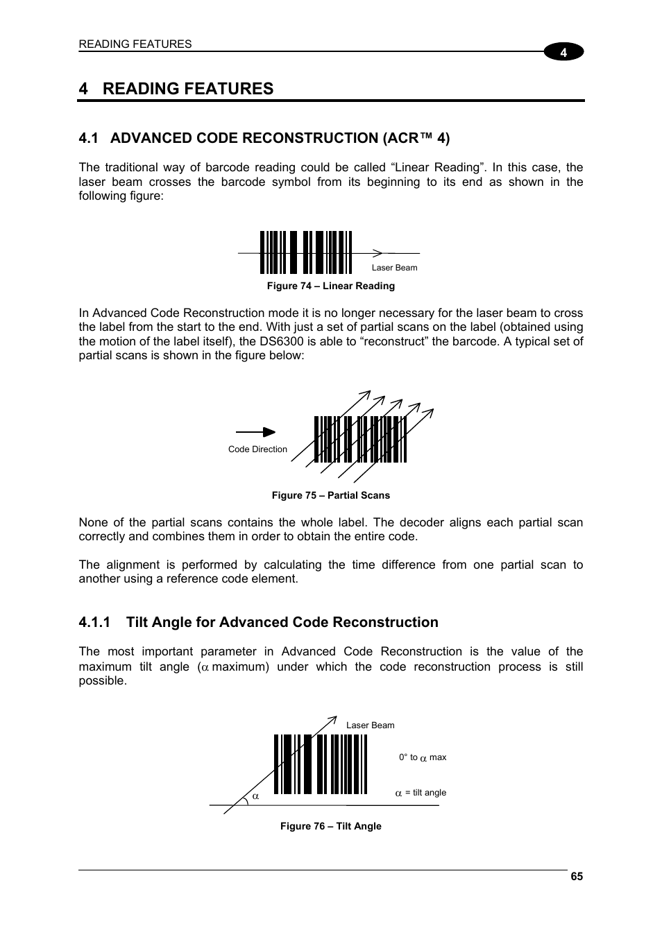 Reading features, Advanced code reconstruction (acr™ 4), Tilt angle for advanced code reconstruction | 4 reading features, 1 advanced code reconstruction (acr™ 4), 1 tilt angle for advanced code reconstruction | Datalogic Scanning DS6300 User Manual | Page 79 / 105