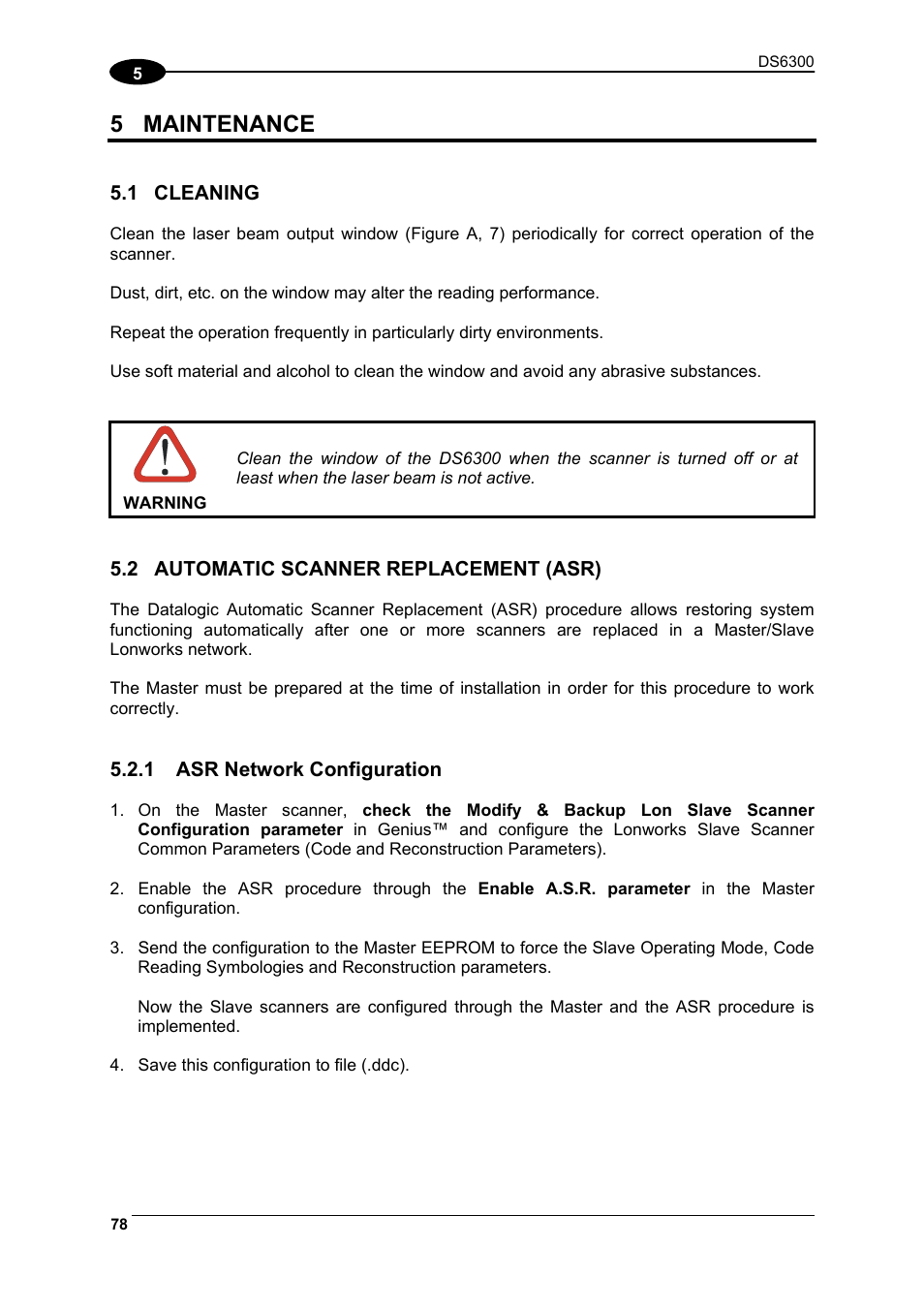 Maintenance, Cleaning, Automatic scanner replacement (asr) | Asr network configuration, 5 maintenance | Datalogic Scanning DS6300 User Manual | Page 92 / 105