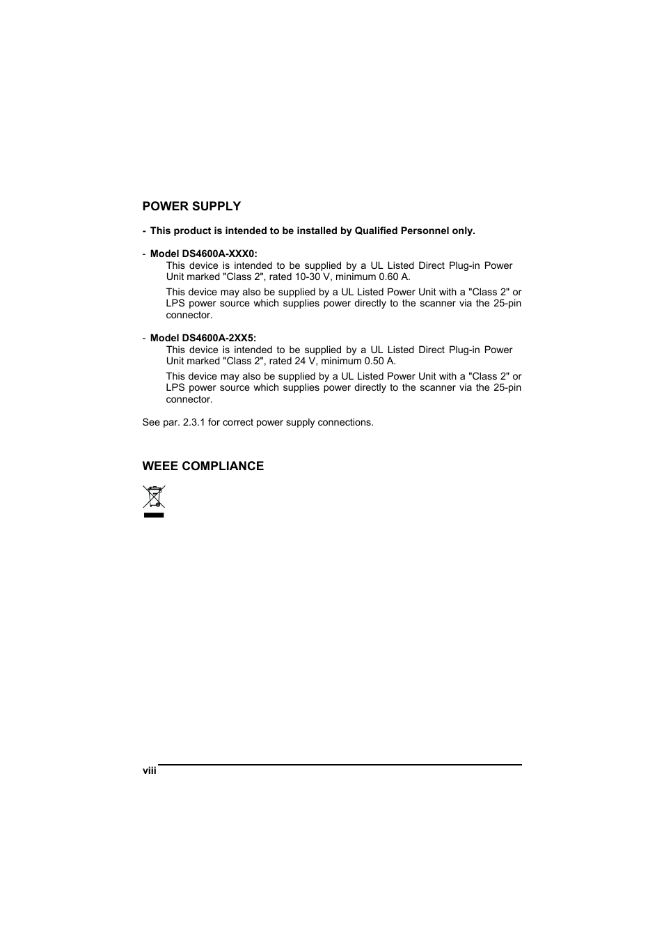 Power supply, Weee compliance | Datalogic Scanning DS4600A User Manual | Page 10 / 63