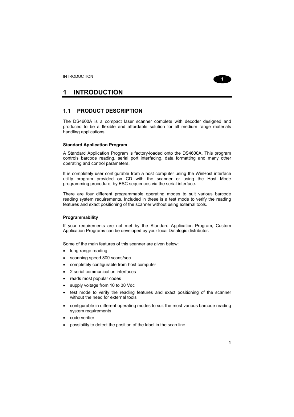 Introduction, Product description, 1 introduction | Datalogic Scanning DS4600A User Manual | Page 13 / 63