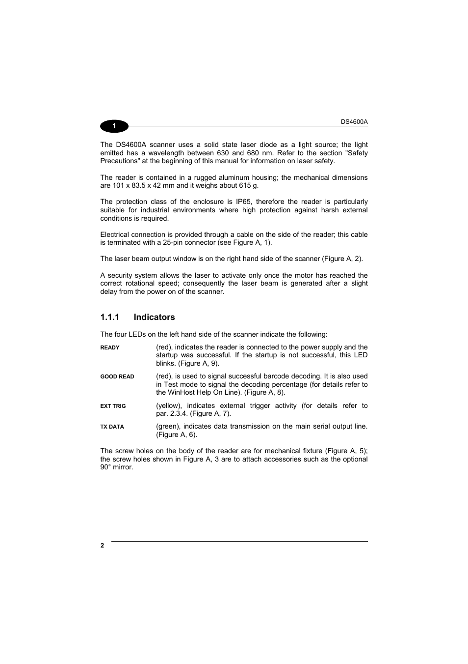 Indicators, 1 indicators | Datalogic Scanning DS4600A User Manual | Page 14 / 63