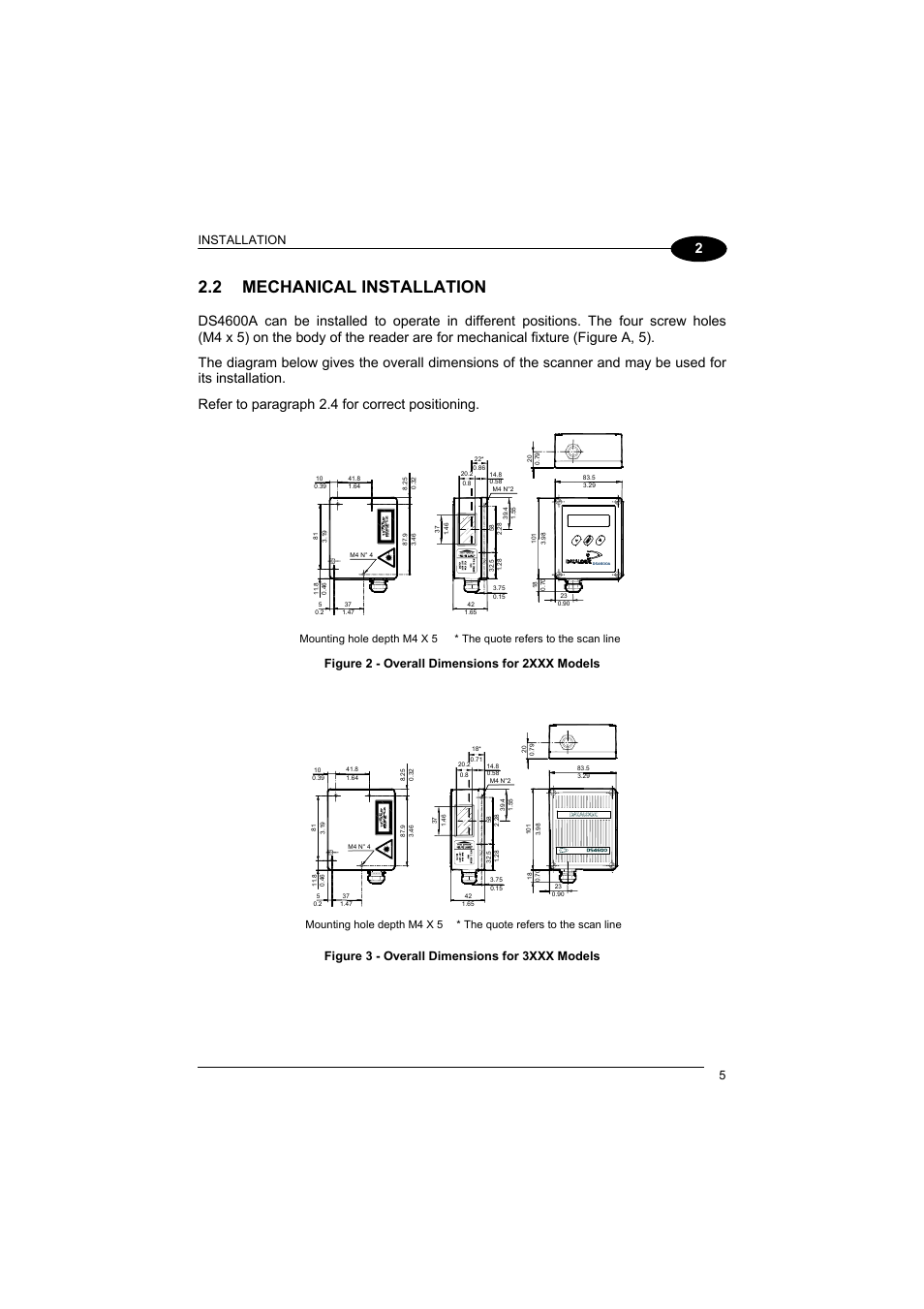 Mechanical installation, 2 mechanical installation, Installation | Figure 2 - overall dimensions for 2xxx models, Figure 3 - overall dimensions for 3xxx models 5 | Datalogic Scanning DS4600A User Manual | Page 17 / 63