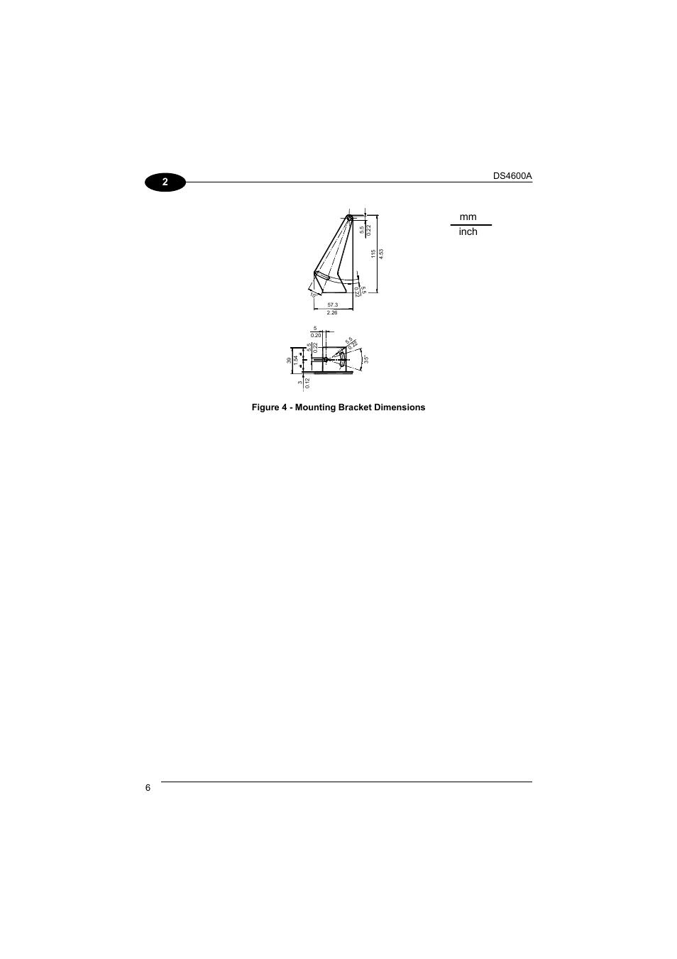Mm inch, Ds4600a, Figure 4 - mounting bracket dimensions | Datalogic Scanning DS4600A User Manual | Page 18 / 63