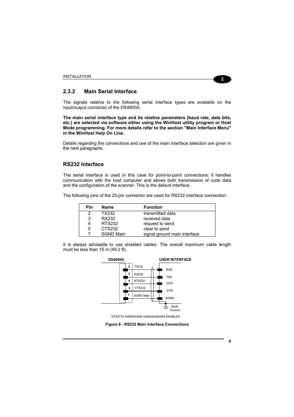 Main serial interface, Rs232 interface, 2 main serial interface | Datalogic Scanning DS4600A User Manual | Page 21 / 63