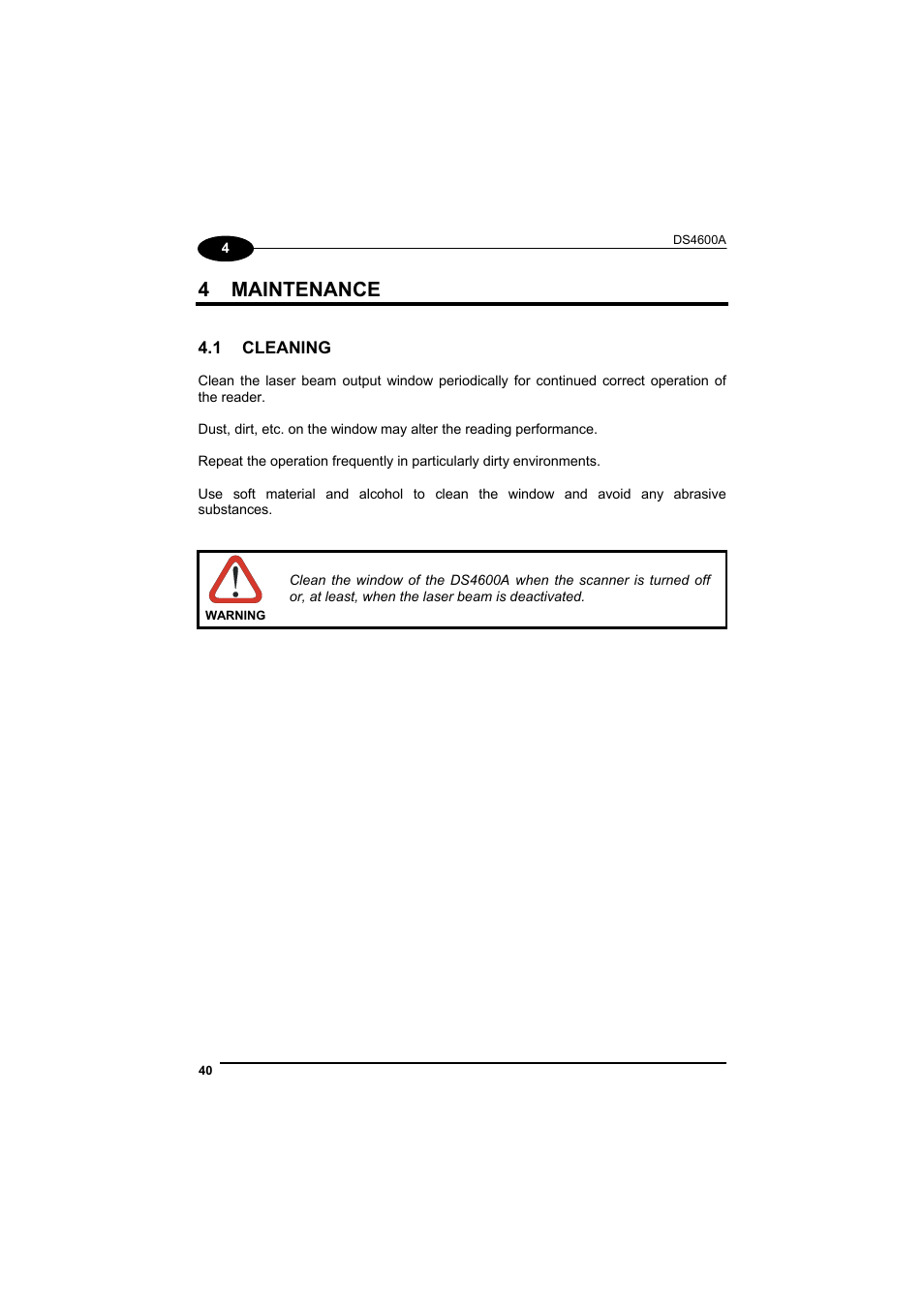 Maintenance, Cleaning, 4 maintenance | Datalogic Scanning DS4600A User Manual | Page 52 / 63