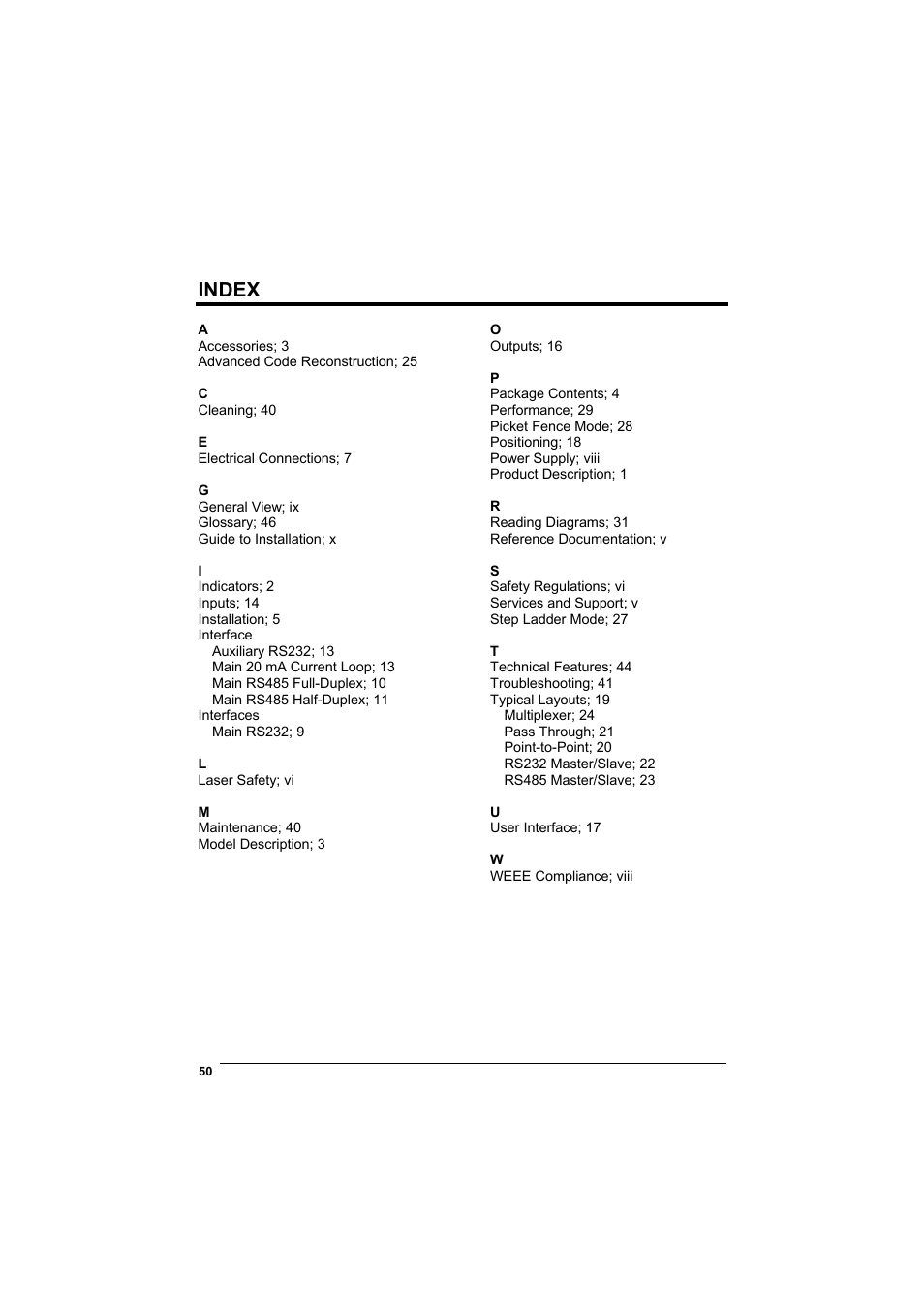 Index | Datalogic Scanning DS4600A User Manual | Page 62 / 63