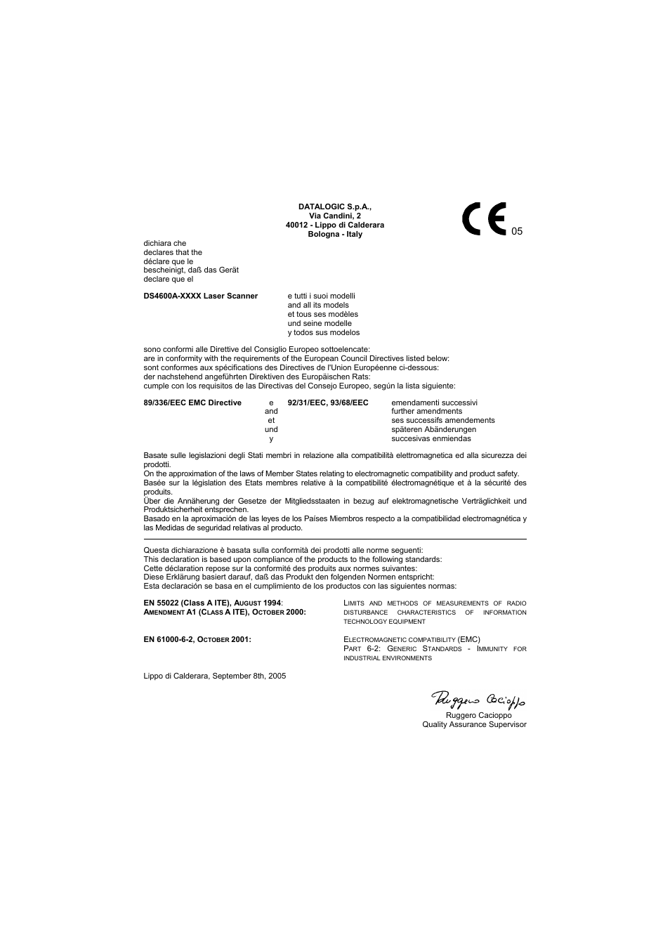 Declaration of conformity | Datalogic Scanning DS4600A User Manual | Page 63 / 63