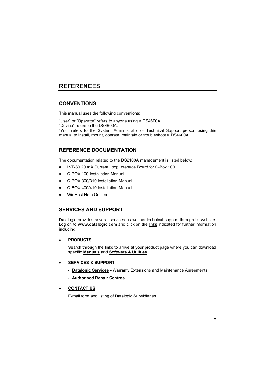 References, Conventions, Reference documentation | Services and support | Datalogic Scanning DS4600A User Manual | Page 7 / 63