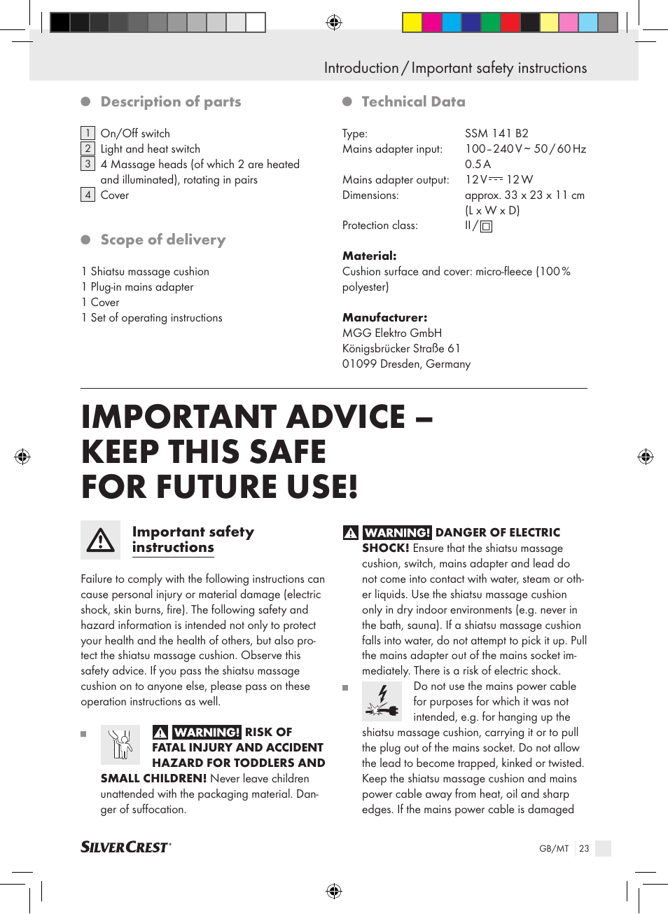 Important advice – keep this safe for future use, Introduction / important safety instructions | Silvercrest SSM 141 B2 User Manual | Page 19 / 32
