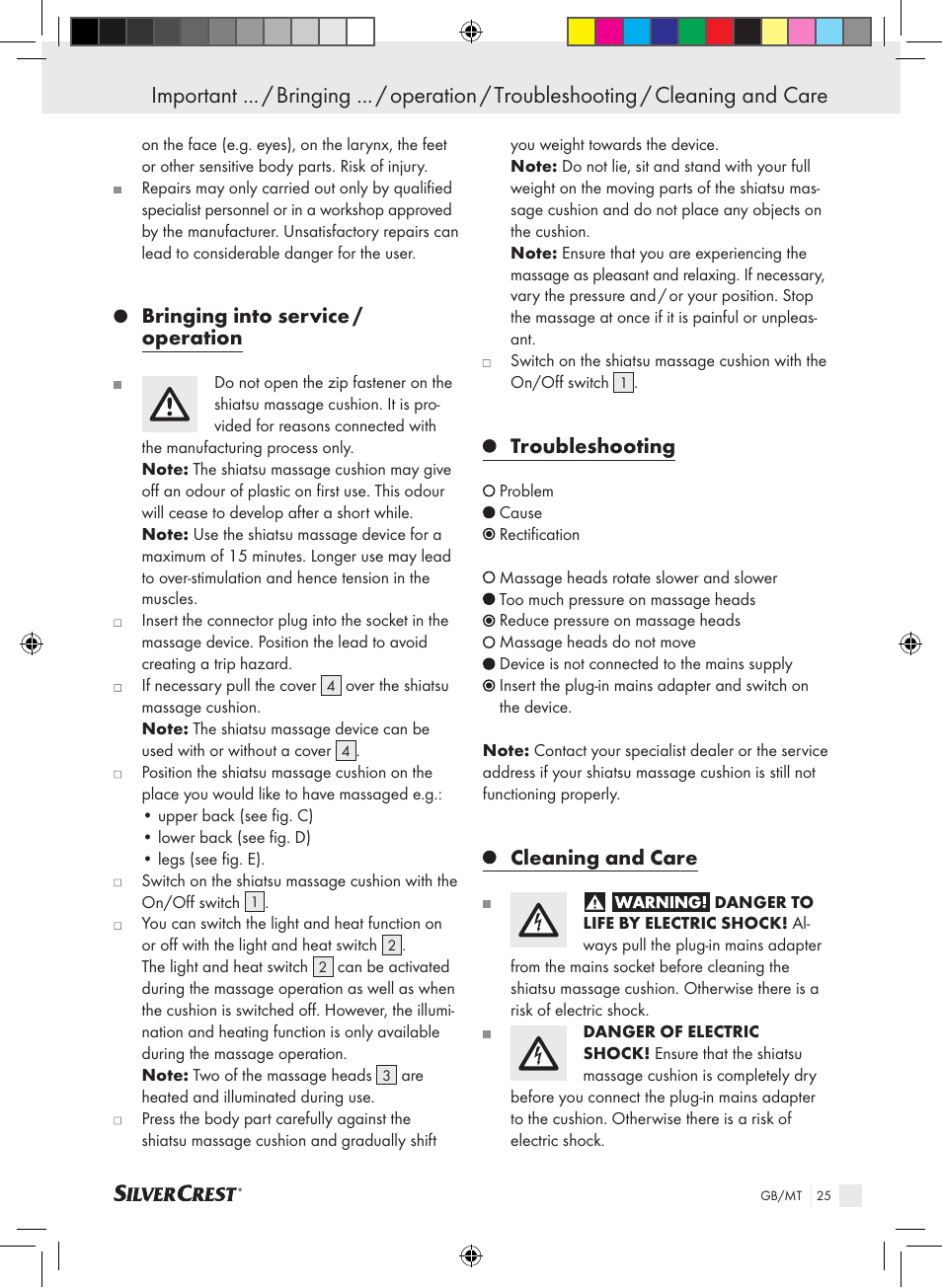 Bringing into service / operation, Troubleshooting, Cleaning and care | Silvercrest SSM 141 B2 User Manual | Page 21 / 32