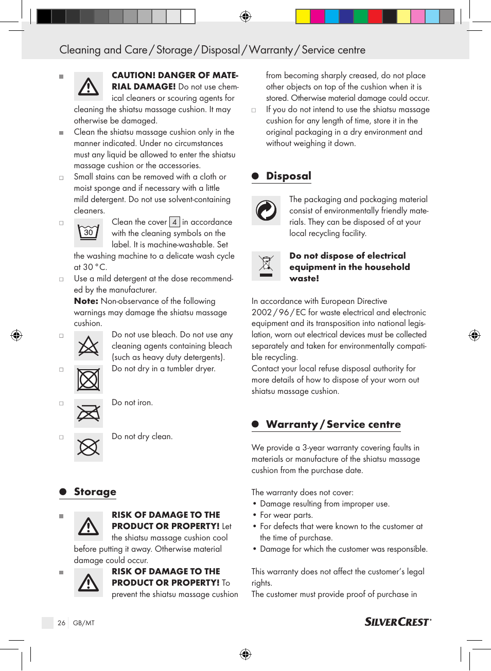 Storage, Disposal, Warranty / service centre | Silvercrest SSM 141 B2 User Manual | Page 22 / 32