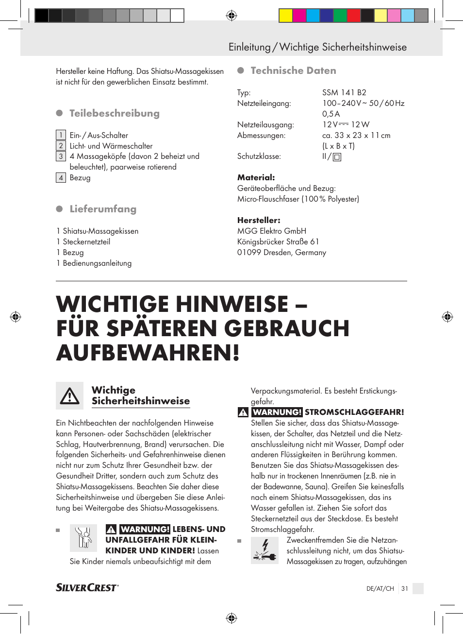 Einleitung / wichtige sicherheitshinweise | Silvercrest SSM 141 B2 User Manual | Page 27 / 32