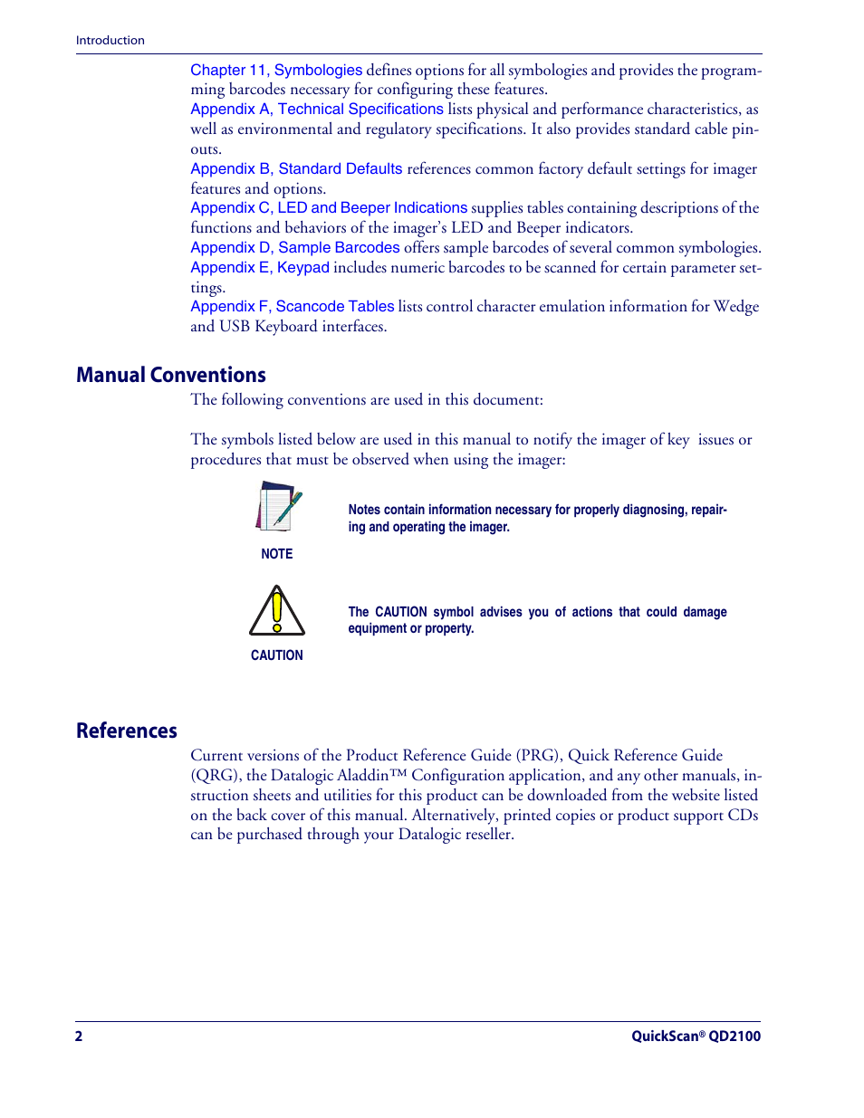 Manual conventions, References | Datalogic Scanning QUICKSCAN QD2100 User Manual | Page 10 / 320