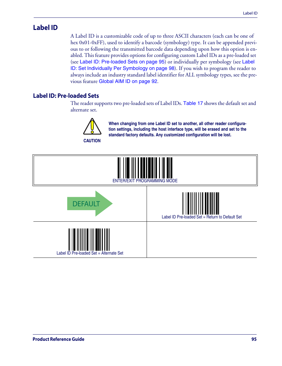 Default, Label id | Datalogic Scanning QUICKSCAN QD2100 User Manual | Page 103 / 320