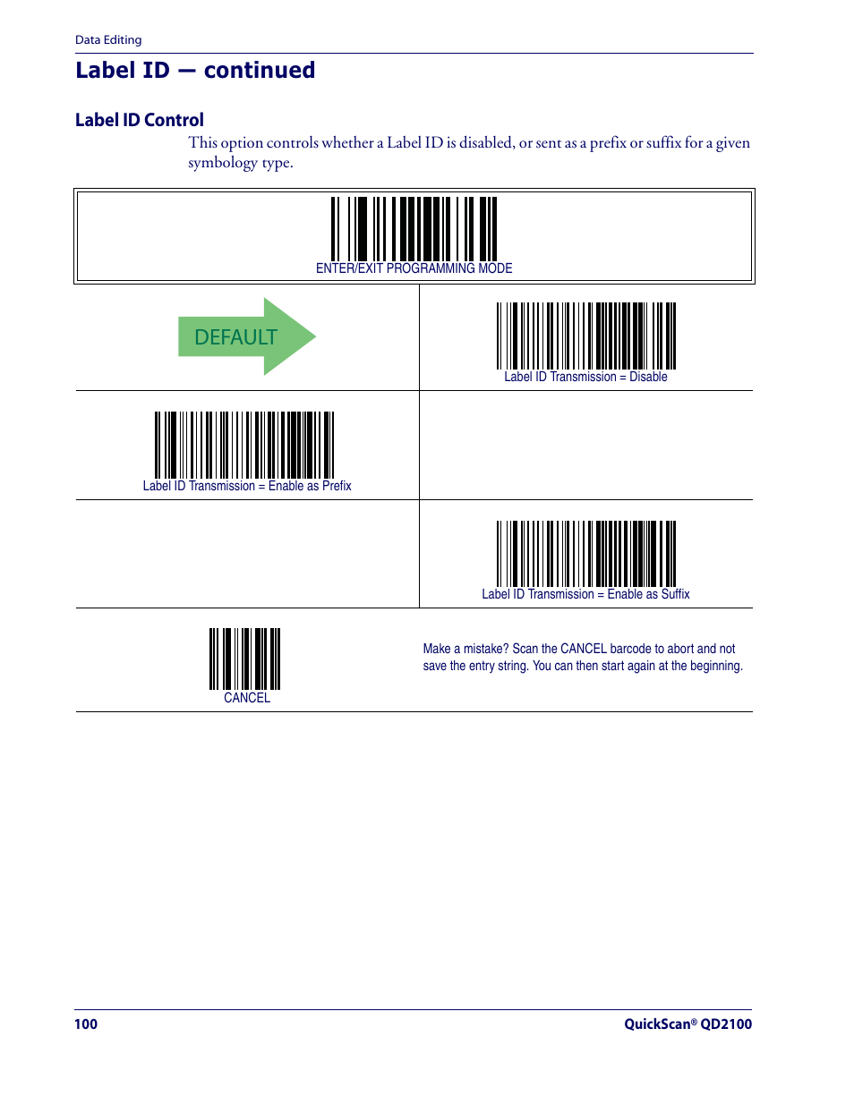 Default, Label id — continued, Label id control | Datalogic Scanning QUICKSCAN QD2100 User Manual | Page 108 / 320