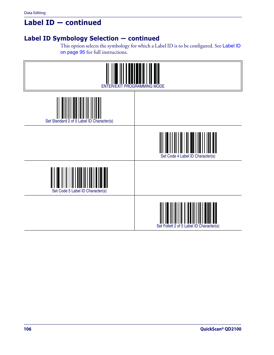 Label id — continued, Label id symbology selection — continued | Datalogic Scanning QUICKSCAN QD2100 User Manual | Page 114 / 320