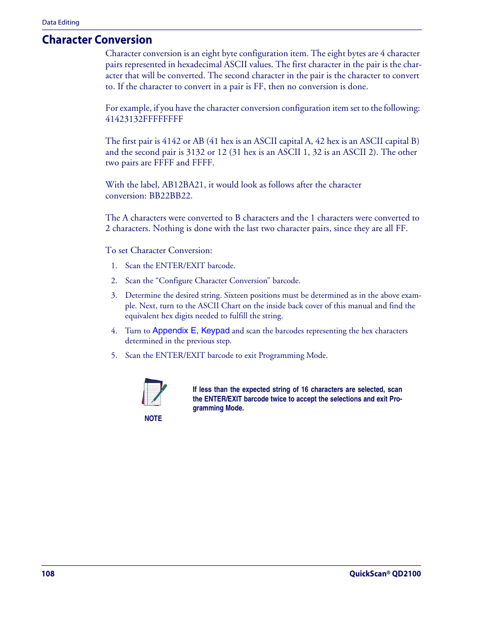 Character conversion | Datalogic Scanning QUICKSCAN QD2100 User Manual | Page 116 / 320