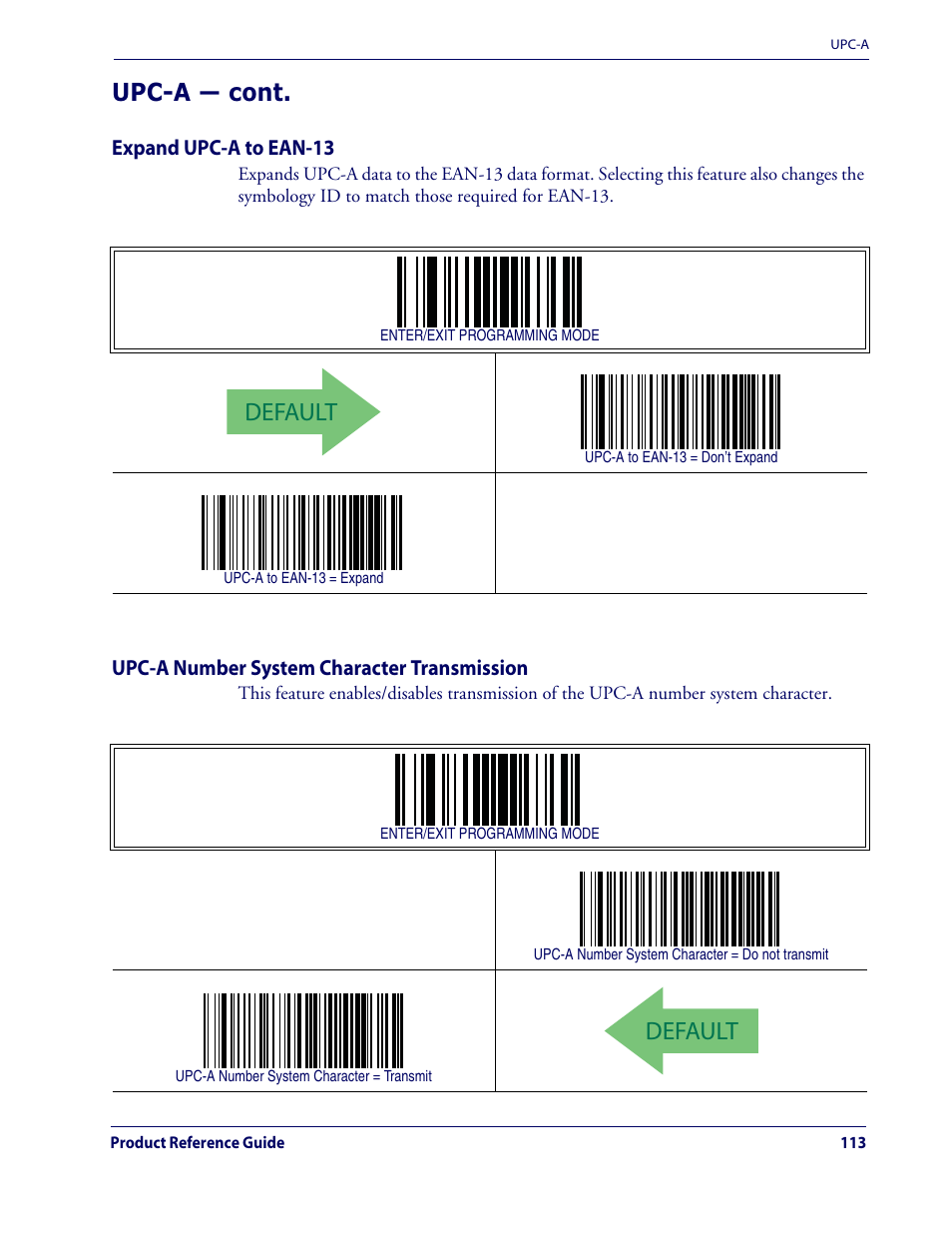 Default, Upc-a — cont | Datalogic Scanning QUICKSCAN QD2100 User Manual | Page 121 / 320