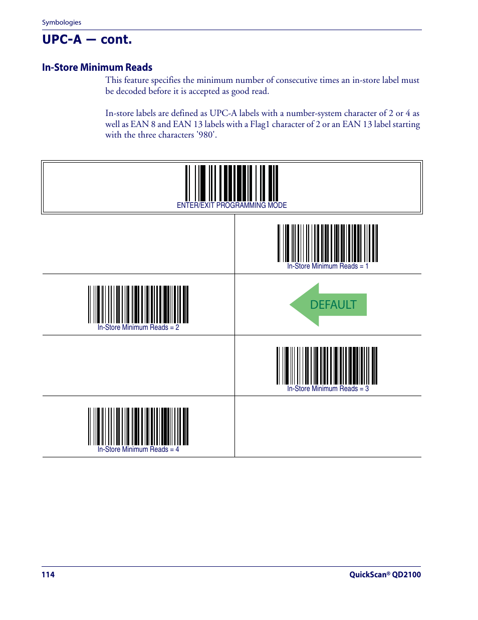 Default, Upc-a — cont | Datalogic Scanning QUICKSCAN QD2100 User Manual | Page 122 / 320