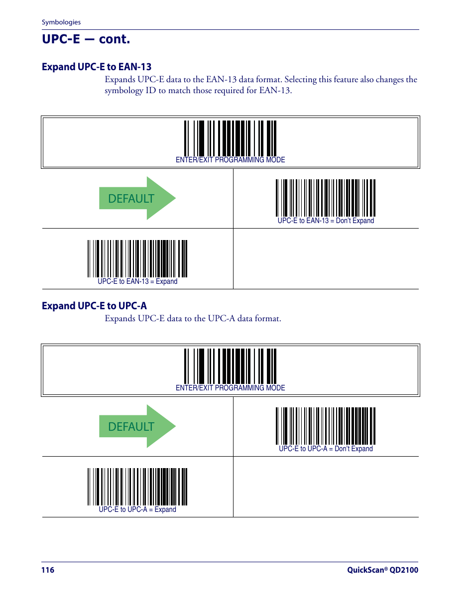 Default, Upc-e — cont | Datalogic Scanning QUICKSCAN QD2100 User Manual | Page 124 / 320