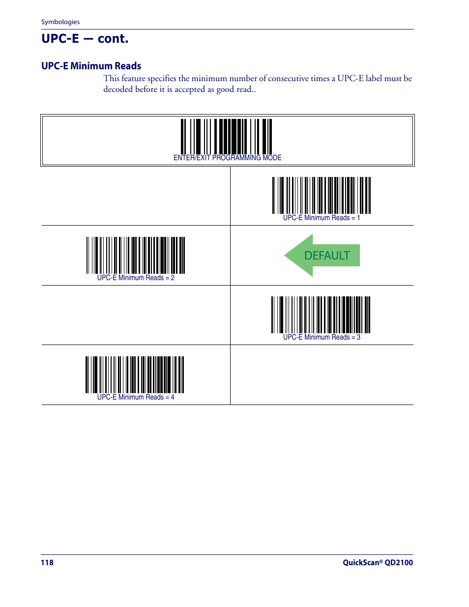 Default, Upc-e — cont | Datalogic Scanning QUICKSCAN QD2100 User Manual | Page 126 / 320