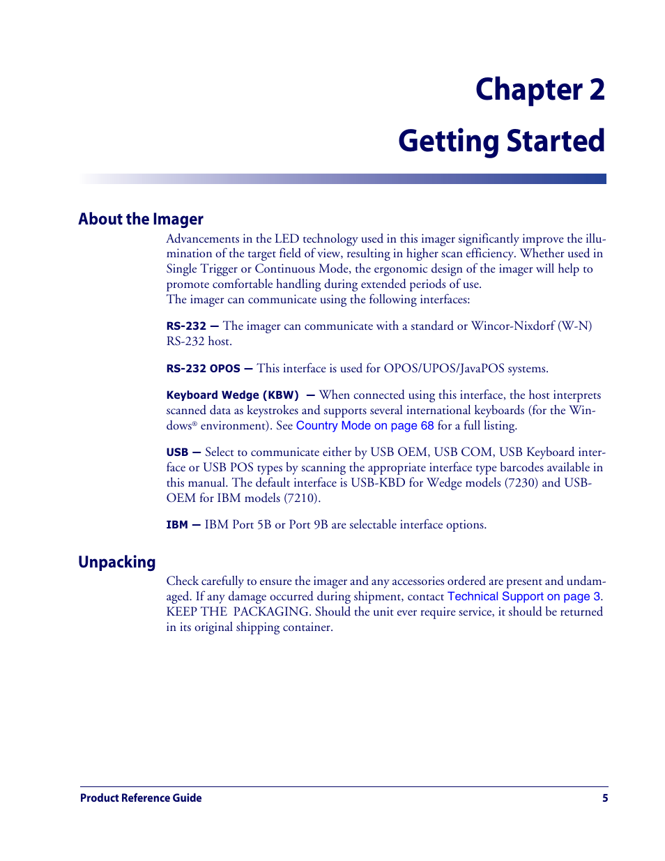 Chapter 2 getting started, About the imager, Unpacking | Datalogic Scanning QUICKSCAN QD2100 User Manual | Page 13 / 320