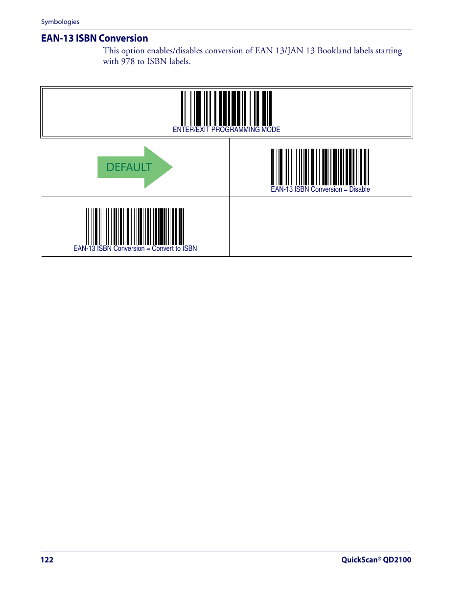 Default, Ean-13 isbn conversion | Datalogic Scanning QUICKSCAN QD2100 User Manual | Page 130 / 320