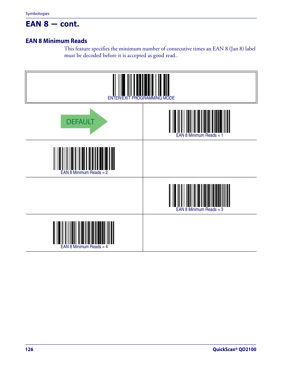 Default, Ean 8 — cont | Datalogic Scanning QUICKSCAN QD2100 User Manual | Page 134 / 320