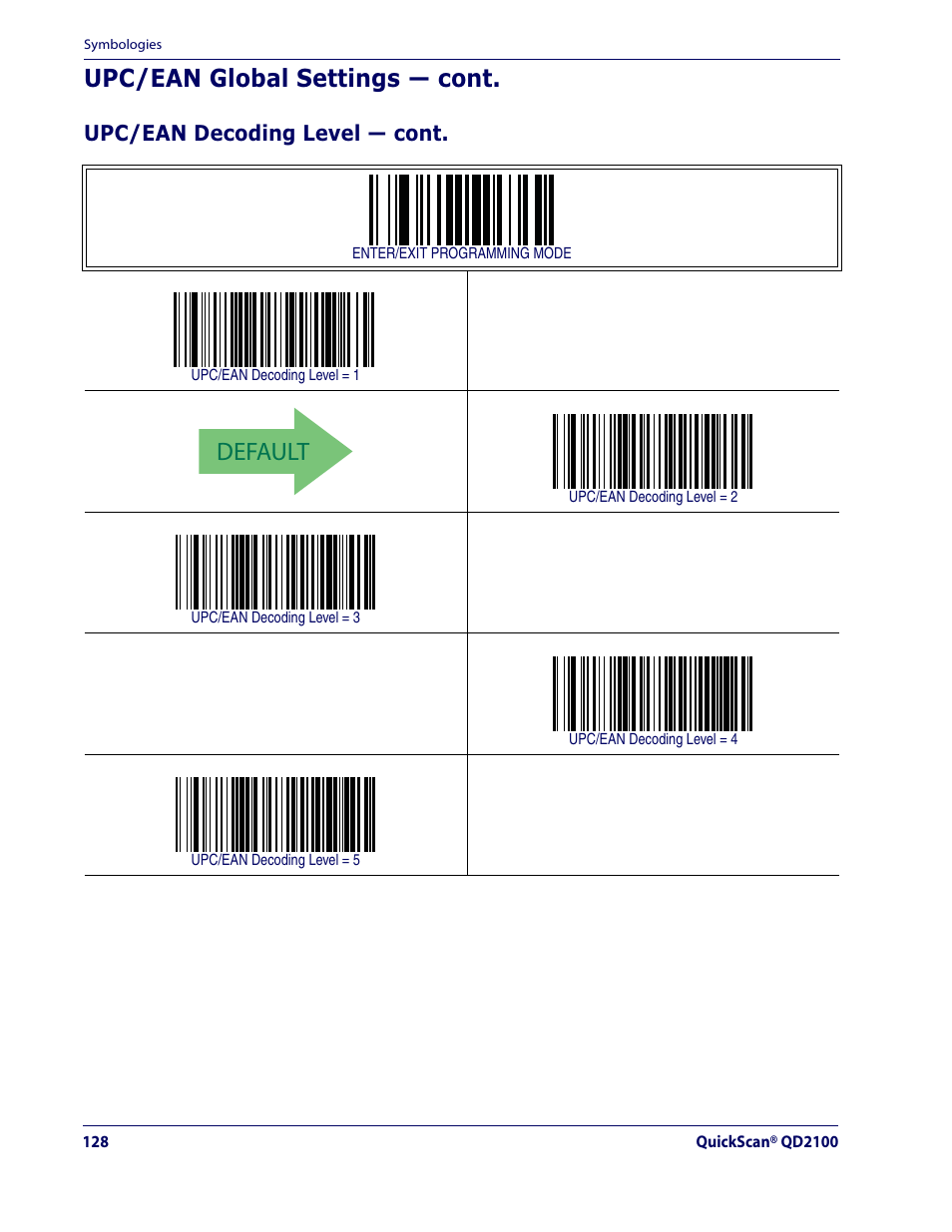 Default, Upc/ean global settings — cont, Upc/ean decoding level — cont | Datalogic Scanning QUICKSCAN QD2100 User Manual | Page 136 / 320