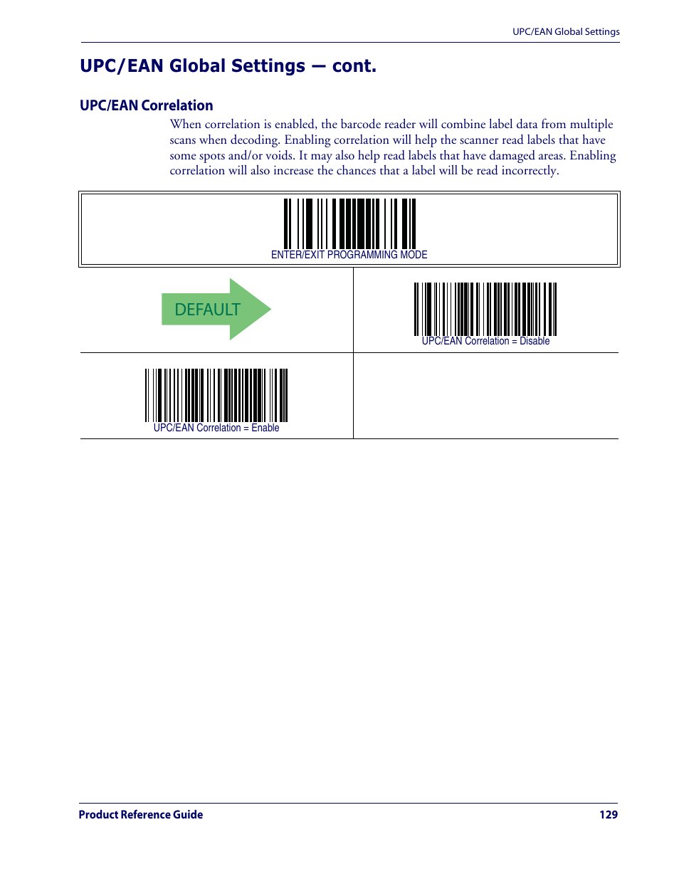 Default, Upc/ean global settings — cont | Datalogic Scanning QUICKSCAN QD2100 User Manual | Page 137 / 320