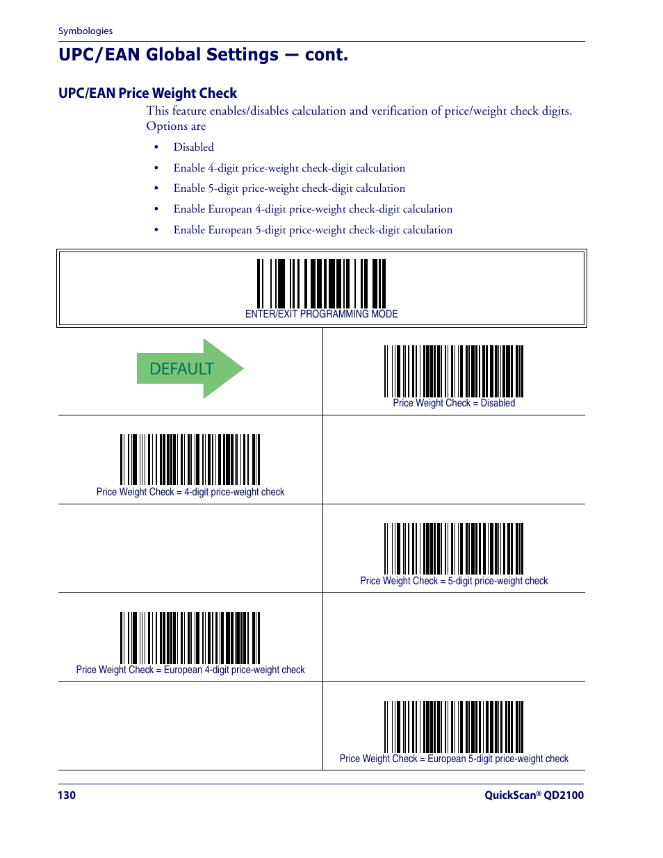 Default, Upc/ean global settings — cont, Upc/ean price weight check | Datalogic Scanning QUICKSCAN QD2100 User Manual | Page 138 / 320