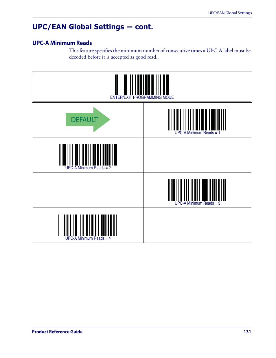 Default, Upc/ean global settings — cont, Upc-a minimum reads | Datalogic Scanning QUICKSCAN QD2100 User Manual | Page 139 / 320