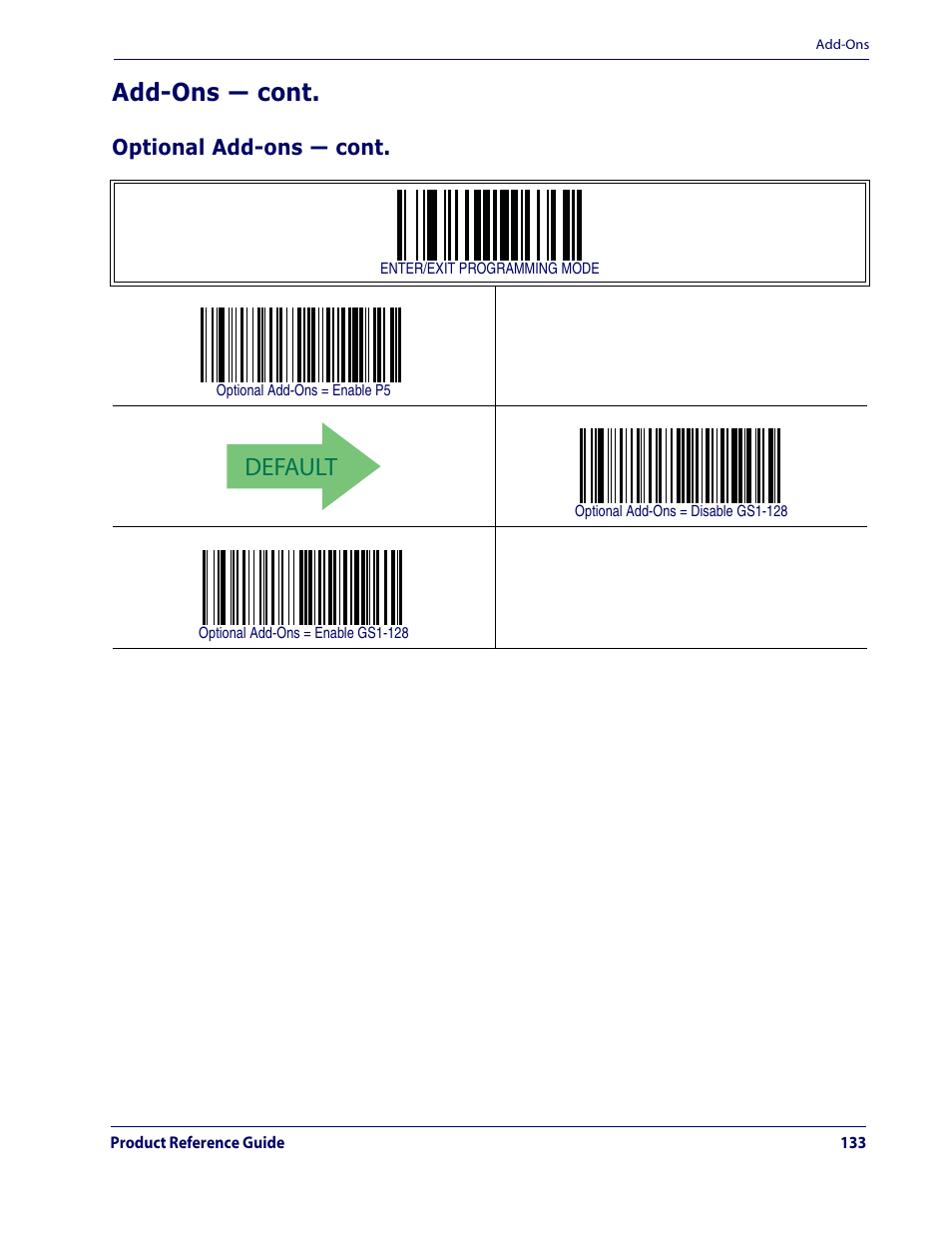 Default, Add-ons — cont | Datalogic Scanning QUICKSCAN QD2100 User Manual | Page 141 / 320