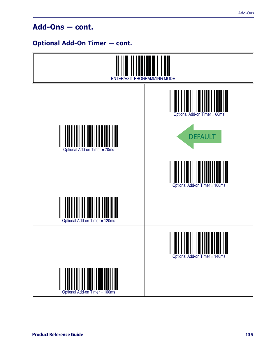 Default, Add-ons — cont, Optional add-on timer — cont | Datalogic Scanning QUICKSCAN QD2100 User Manual | Page 143 / 320