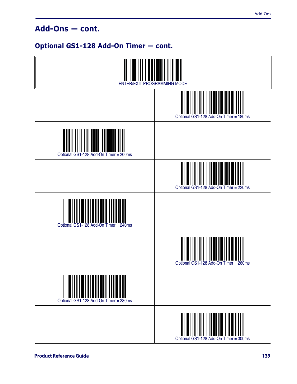 Add-ons — cont, Optional gs1-128 add-on timer — cont | Datalogic Scanning QUICKSCAN QD2100 User Manual | Page 147 / 320