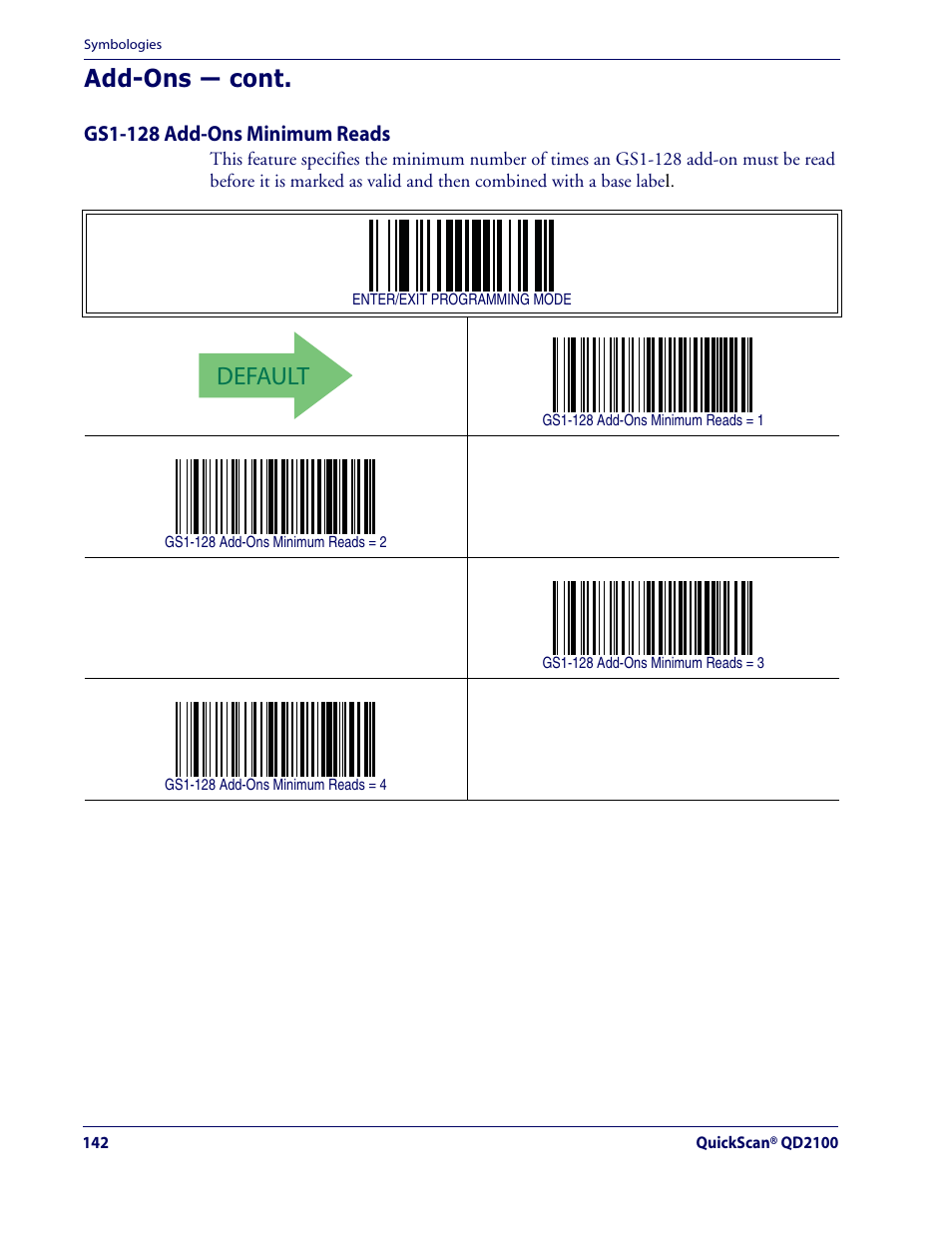 Default, Add-ons — cont | Datalogic Scanning QUICKSCAN QD2100 User Manual | Page 150 / 320