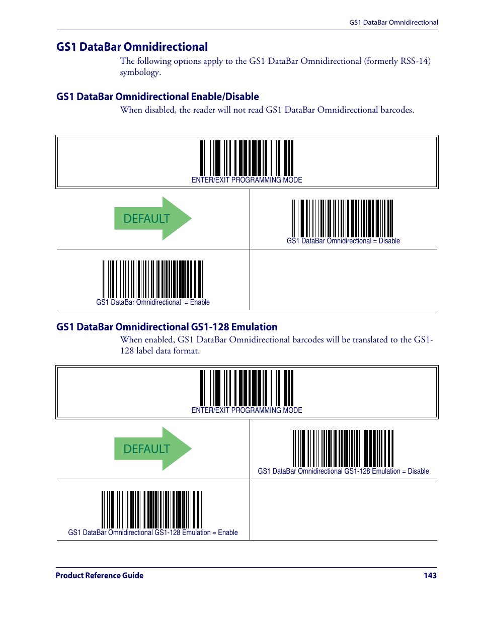 Default, Gs1 databar omnidirectional | Datalogic Scanning QUICKSCAN QD2100 User Manual | Page 151 / 320