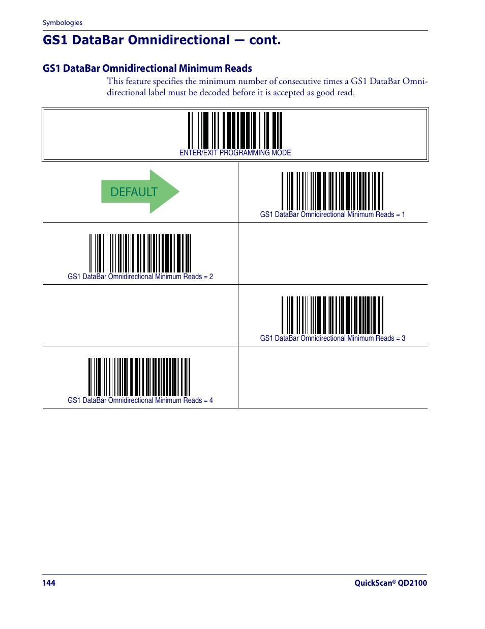 Default, Gs1 databar omnidirectional — cont | Datalogic Scanning QUICKSCAN QD2100 User Manual | Page 152 / 320