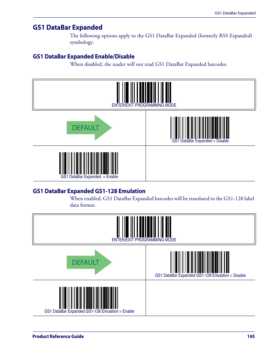 Default, Gs1 databar expanded | Datalogic Scanning QUICKSCAN QD2100 User Manual | Page 153 / 320
