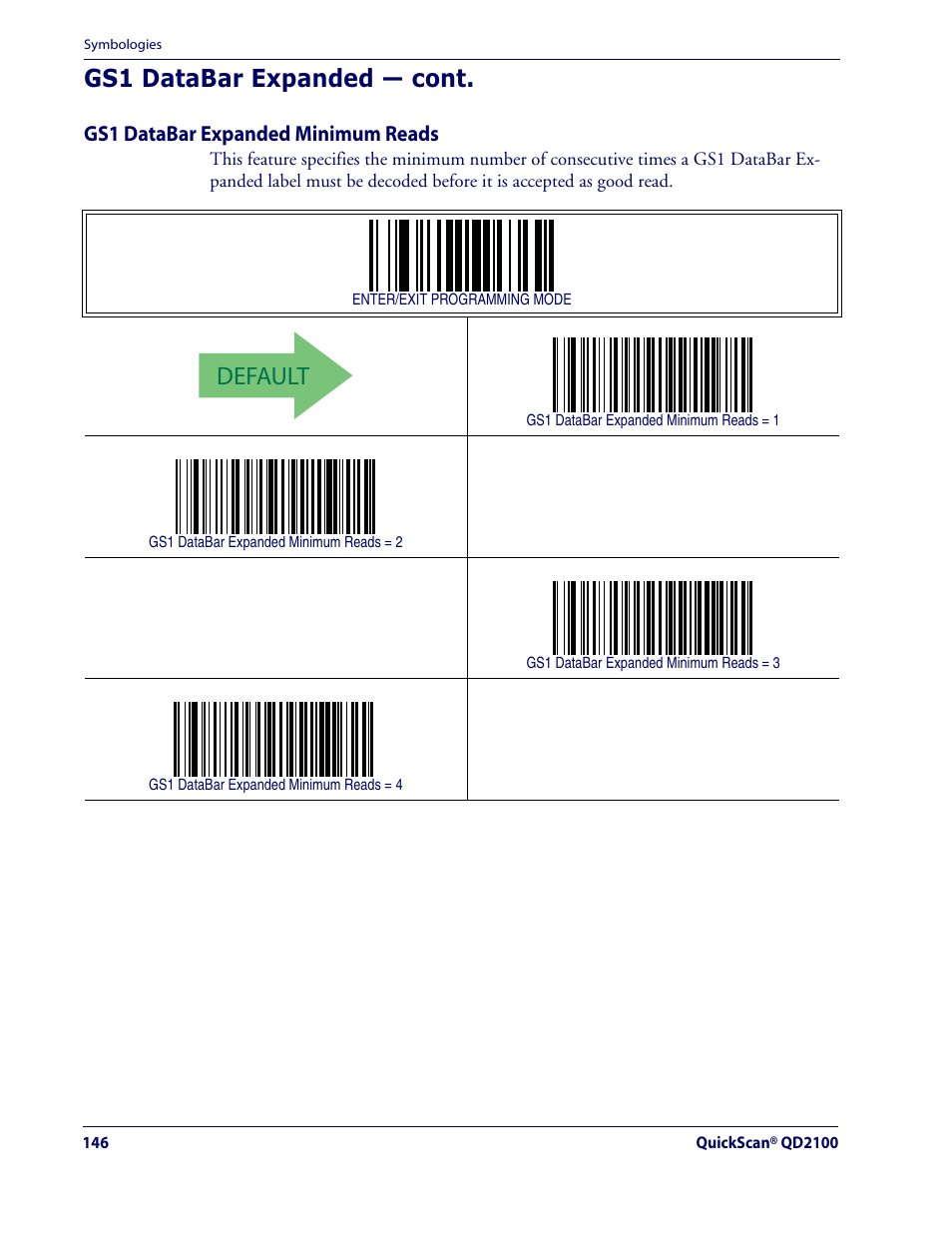 Default, Gs1 databar expanded — cont | Datalogic Scanning QUICKSCAN QD2100 User Manual | Page 154 / 320