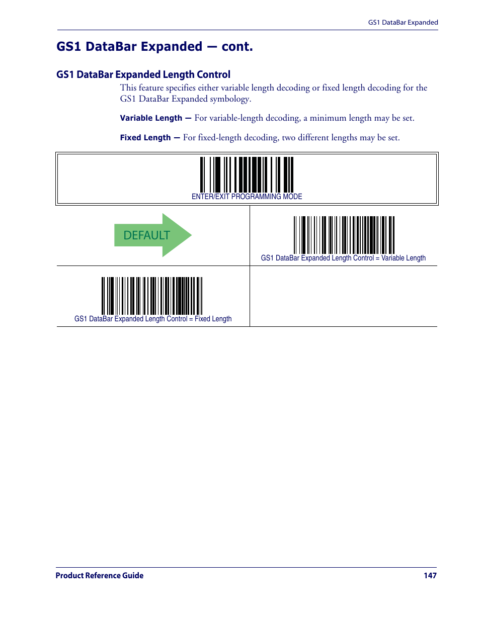 Default, Gs1 databar expanded — cont | Datalogic Scanning QUICKSCAN QD2100 User Manual | Page 155 / 320