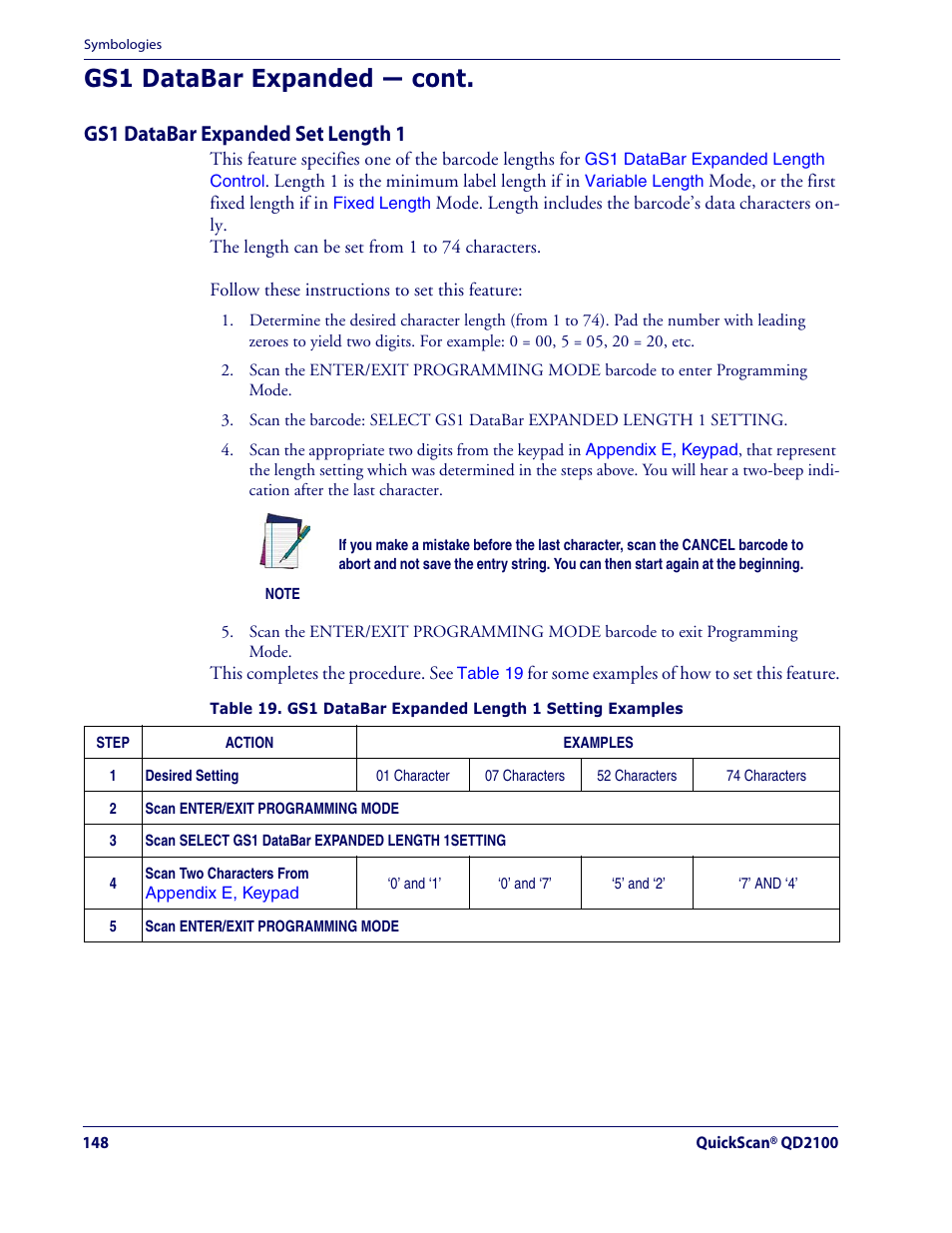 Gs1 databar expanded — cont, Gs1 databar expanded set length 1 | Datalogic Scanning QUICKSCAN QD2100 User Manual | Page 156 / 320