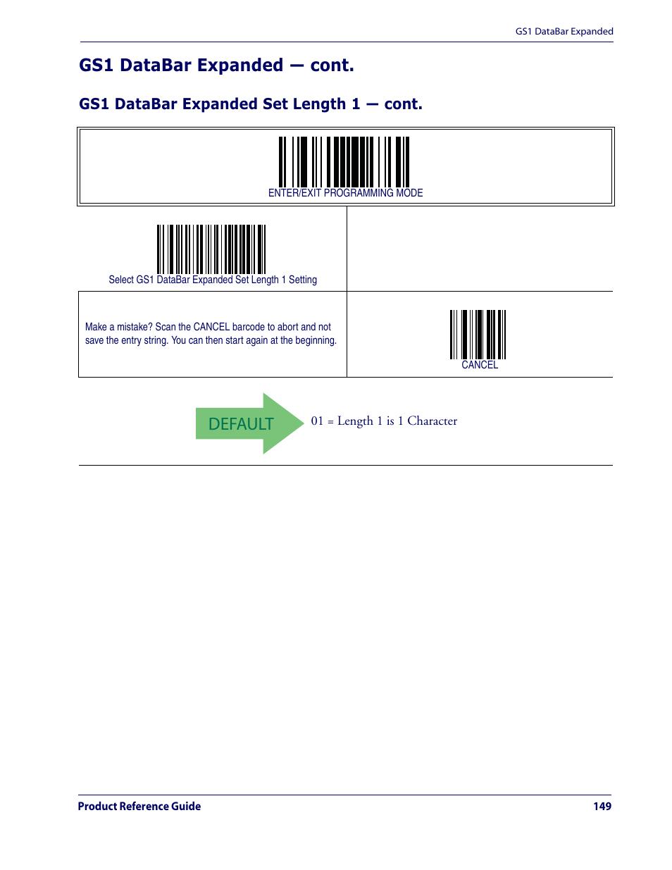 Default, Gs1 databar expanded — cont | Datalogic Scanning QUICKSCAN QD2100 User Manual | Page 157 / 320